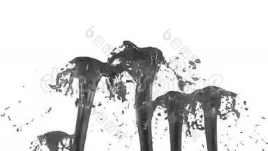 美丽的喷泉喷射液体像灰色的果汁，喷泉与许多液体溪流上升高。 3D渲染非常高